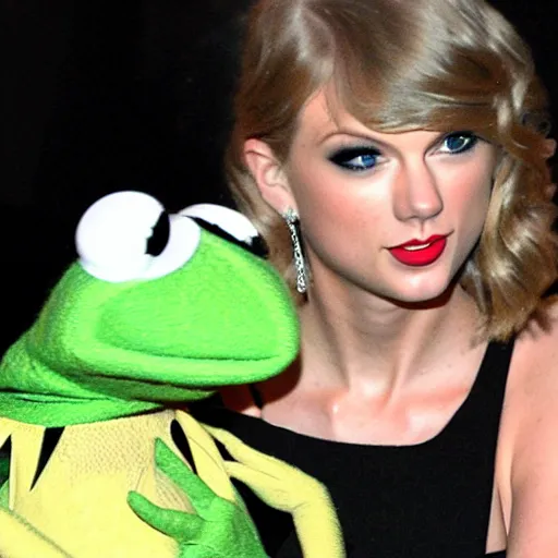 Prompt: Paparazzi photograph of Taylor Swift holding Kermit the frog at the Grammy's