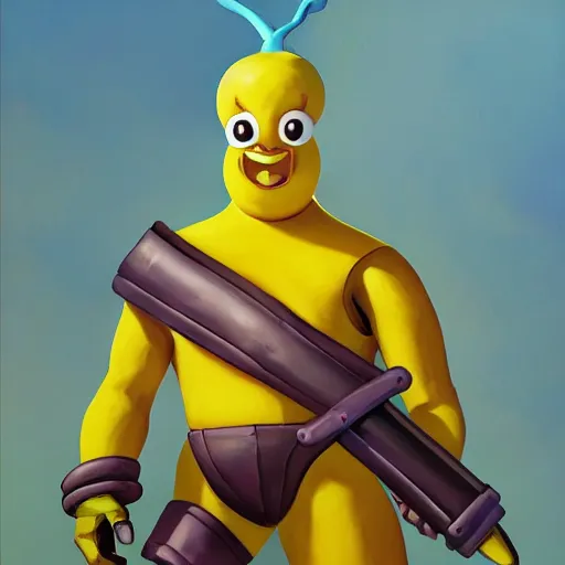 Image similar to greg manchess portrait painting of peely the humanoid banana from fortnite as overwatch character, medium shot, asymmetrical, profile picture, organic painting, sunny day, matte painting, bold shapes, hard edges, street art, trending on artstation, by huang guangjian, gil elvgren, ruan jia, greg rutkowski, gaston bussiere