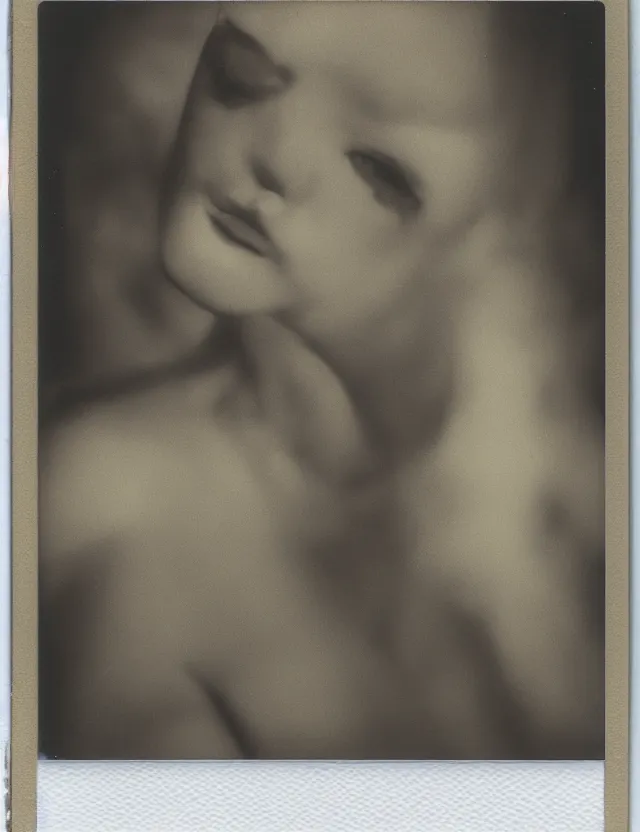 Image similar to polaroid photo with flash, beautiful albinist model, polaroid photo bleached strong lights, kodak film stock, hyper real, stunning moody cinematography, with anamorphic lenses, by maripol, detailed