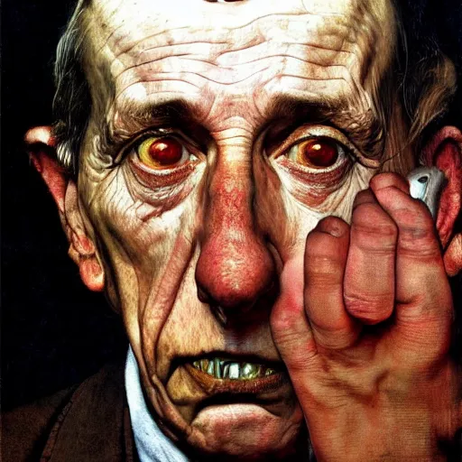 Image similar to high quality high detail painting by norman rockwell and lucian freud, hd, demonic look in the eyes, photorealistic lighting