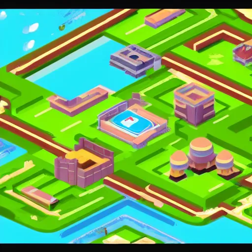 Image similar to isometric world of pokemon!! bird's eye view