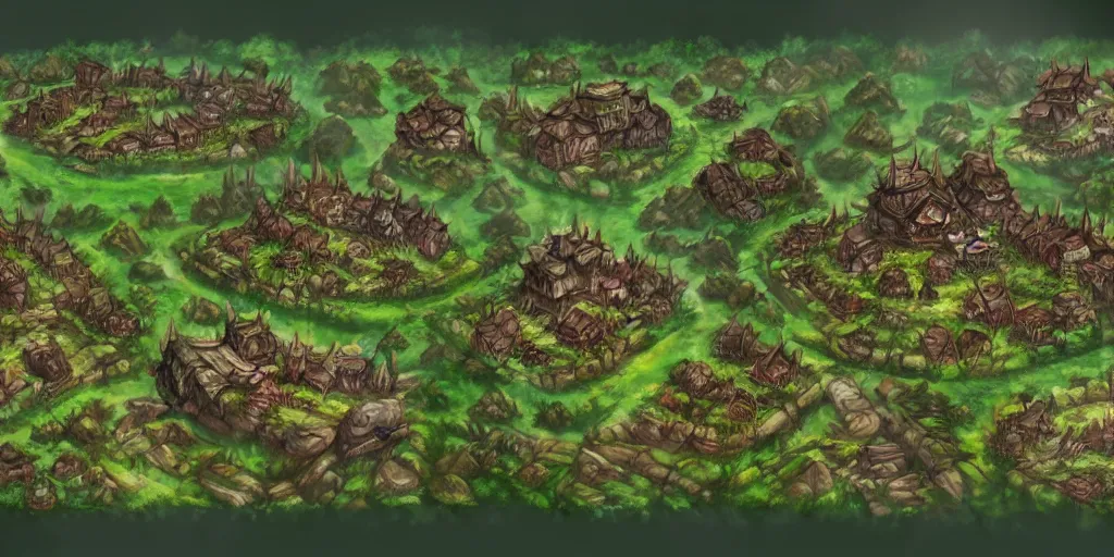 Image similar to Orc village in the middle of the forest. In style of Ragnarok Online, Korean MMORPG, epic, professional art, digital art, 8K, concept art.