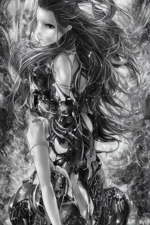 Image similar to a vertical portrait of a character in a scenic environment by Yoshitaka Amano, black and white, dreamy, cybernetic suit, wavy long black hair, highly detailed