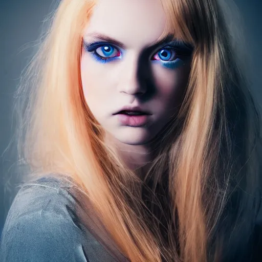 Image similar to A gorgeous blonde with glowing blue eyes, in love, grungy, unkept hair, glowing eyes, modelsociety, radiant skin, huge anime eyes, RTX on, bright on black, dramatic, studio lighting, perfect face, intricate, Sony a7R IV, symmetric balance, polarizing filter, Photolab, Lightroom, 4K, Dolby Vision, Photography Award