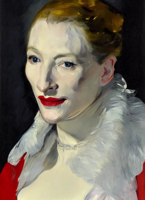 Image similar to An antique oil painting of cate blanchett by Manet, super detailed, photorealism, hd