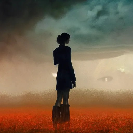 Image similar to silhouette of Elle Fanning in a field in the world of Adam Wyeth, a tornado spins in the background, stormy weather, extremely detailed masterpiece, oil on canvas, low-key neon lighting, artstation, Blade Runner 2049, Roger Deakin’s cinematography, by J. C. Leyendecker and Peter Paul Rubens,