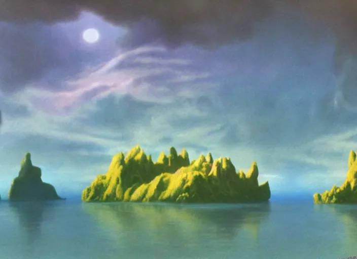 Prompt: floating islands, idyllic, menacing, nebulous clouds, thundrous hellish floating crumbling islands particulate and shivering cold of the apocalypse, hyperfluorescent saturated pastel pleasing - palette matte painting matte painting from fantasia ( 1 9 4 1 )