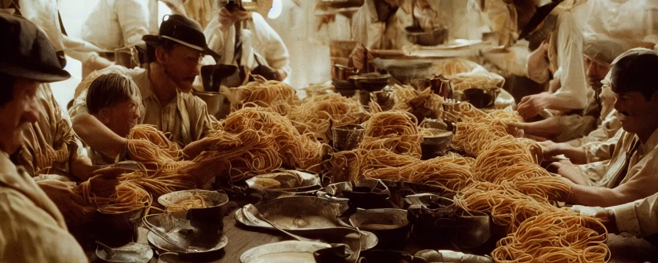 Image similar to wide shot harvesting spaghetti during the gold rush, no faces, intricate, sigma 5 0 mm, cinematic lighting, photography, wes anderson, film, kodachrome