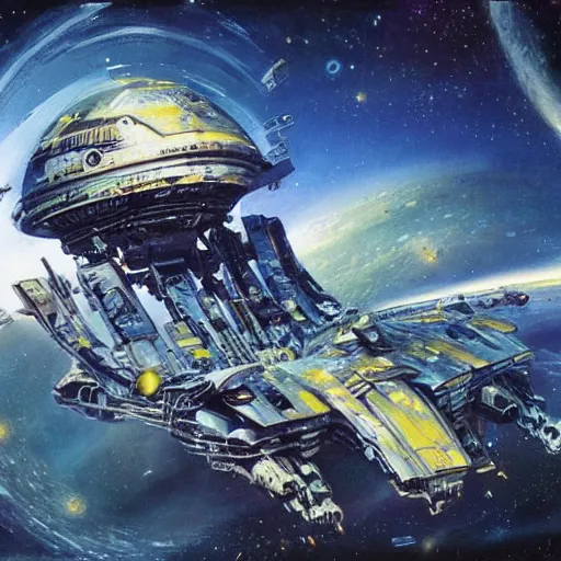 Prompt: A beautiful space ship roaming through the cosmos many pods in the style of John Berkey high definition 4K