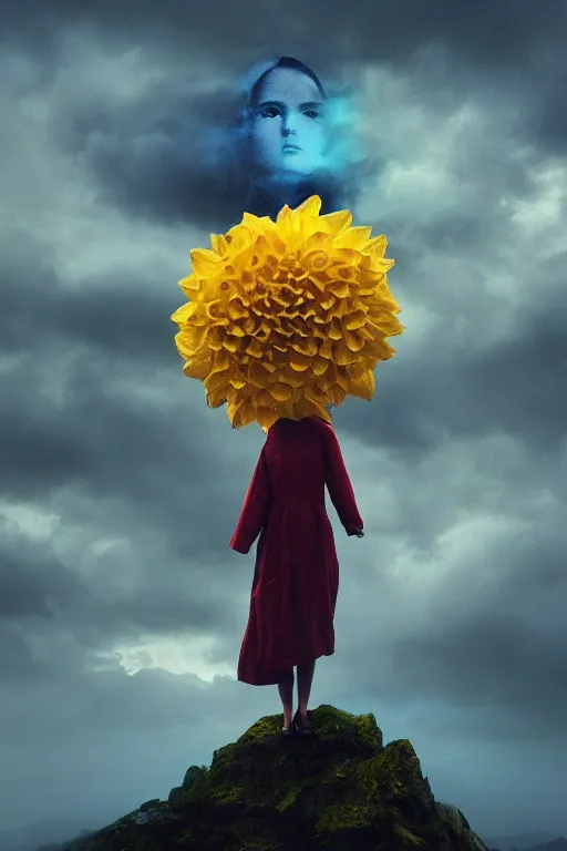 Image similar to closeup girl with giant yellow dahlia flower as a face, standing on mountain, surreal photography, blue storm clouds, dramatic light, impressionist painting, digital painting, artstation, simon stalenhag