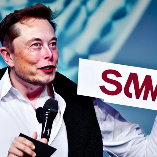 Image similar to a medium shot photograph of elon musk holding a sign with the word som on it, 4k, ultra HD