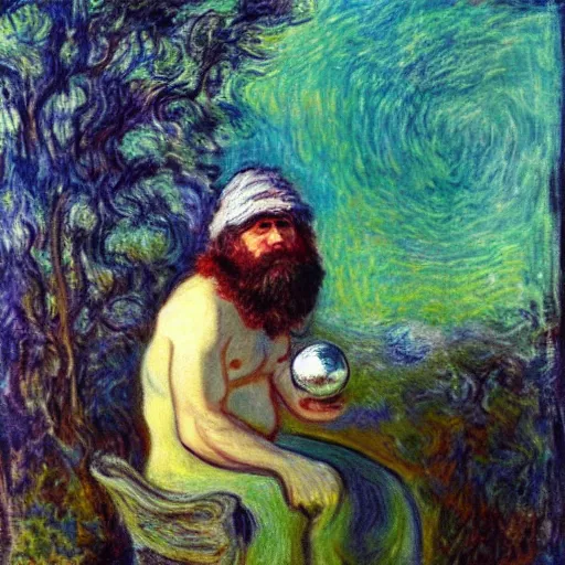 Image similar to caveman with a tinfoil hat, divination ball, portrait by monet