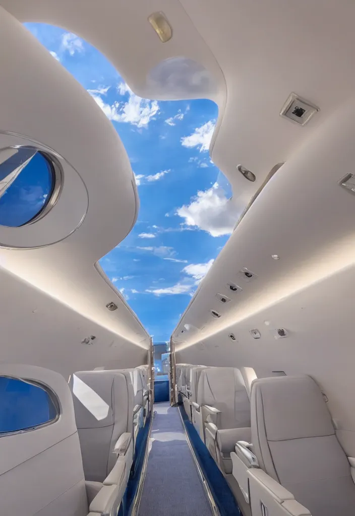 Image similar to Interior of a private jet with the blue sky visible in a window