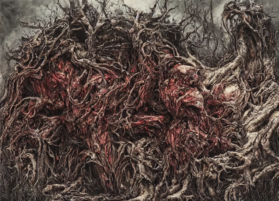 Prompt: Giant fanged limb monster walks in the road of the ruined city. Drops of blood and meat with veins on the road. Dark colors, high detail, hyperrealism, horror art, intricate details, masterpiece, biopunk, body-horror, art by Ayami Kojima, Beksinski, Giger
