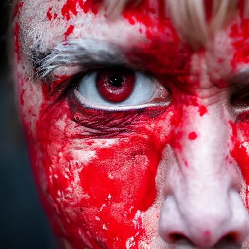 Image similar to Elderly woman with black eyes covered in red paint,