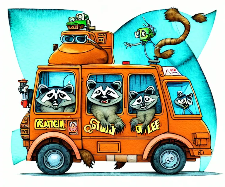 Image similar to cute and funny, racoon wearing goggles driving a tiny garbage truck, ratfink style by ed roth, centered award winning watercolor pen illustration, isometric illustration by chihiro iwasaki, edited by craola, tiny details by artgerm and watercolor girl, symmetrically isometrically centered