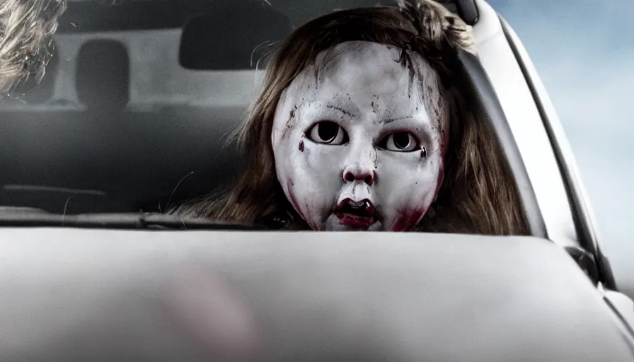 Image similar to big budget horror movie about an evil killer doll hiding in the back of a woman's car