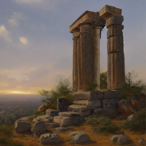 Prompt: a beautifully detailed oil painting of a monolith covered in ancient greek ruins, on the top of a hill, dusk, art by tom lovell, trending on artstation