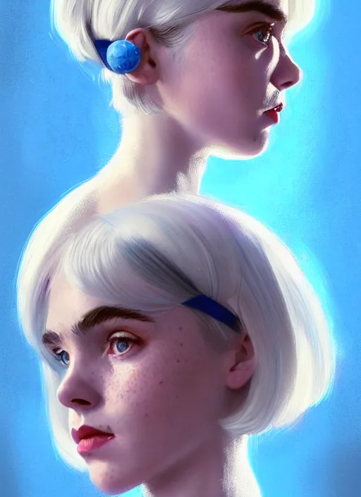 Image similar to portrait of kiernan shipka with freckles, white hair, 1 9 6 0 s bob hairstyle with bangs and hairband, blue 1 9 6 0 s dress, intricate, elegant, glowing lights, highly detailed, digital painting, artstation, concept art, smooth, sharp focus, illustration, art by wlop, mars ravelo and greg rutkowski