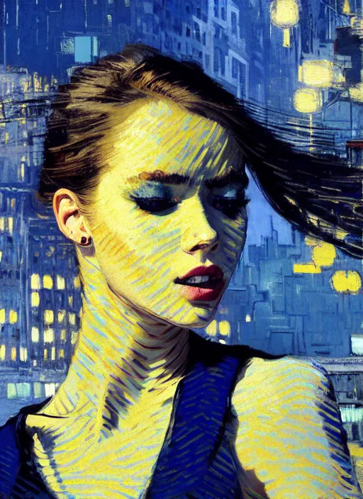 Image similar to portrait of beautiful girl, ecstatic, dancing, eyes closed, shades of blue and light yellow, new york backdrop, beautiful face, rule of thirds, intricate outfit, spotlight, by greg rutkowski, by jeremy mann, by francoise nielly, by van gogh, digital painting