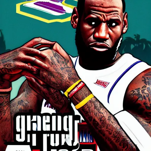 Prompt: lebron james as gta v cover art, sharp details, sharp focus