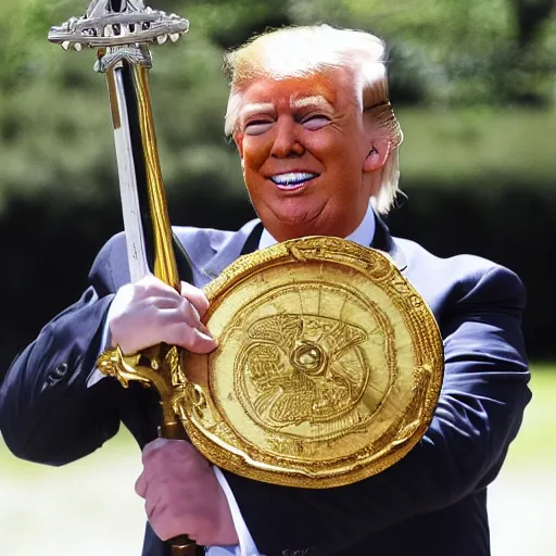 Prompt: donald trump, wearing knights armor, holding a big golden broadsword, by hans holdein, donald trumps handsome face