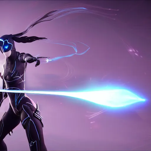 Image similar to photograph of (female) wisp!!!!!!!! warframe holding a katana!!!!!!!, 8k resolution, high detail, ULTRA REALISTIC VFX, reflections