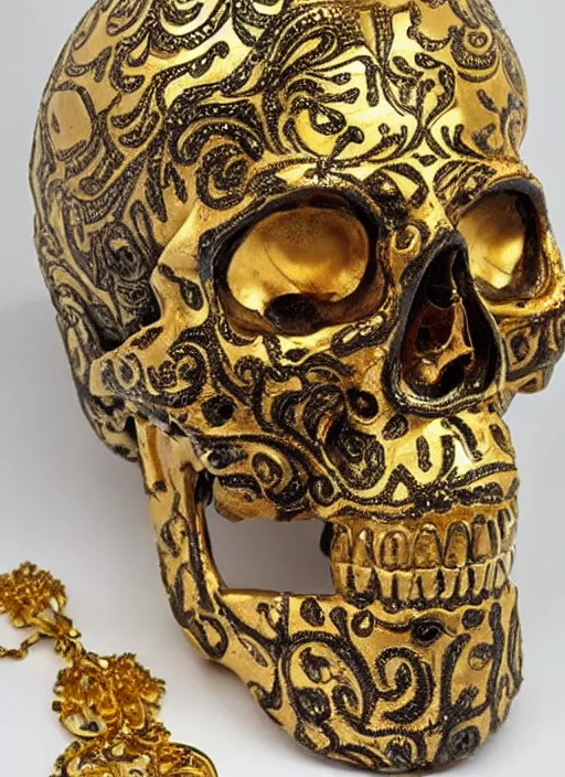 Prompt: baroque ornate gothic gold skull painting covered in jewels
