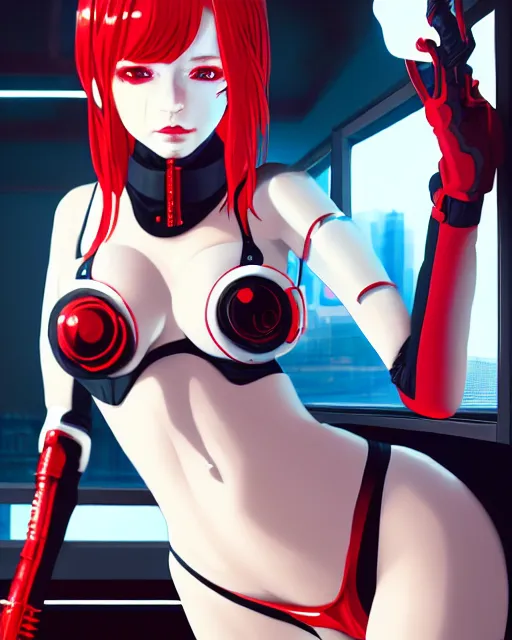 Prompt: a detailed potrait of a cyberpunk cyborg girl with black and red parts, white stockings, white swimsuit, perfect face, realistic shaded perfect face, detailed. night setting. very anime style. realistic shaded lighting poster by ilya kuvshinov katsuhiro, unreal engine, global illumination, radiant light, detailed and intricate environment, full length and white stockings