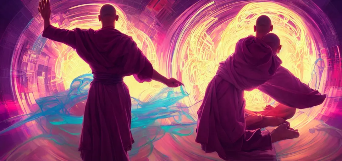 Image similar to a floating monk praying, channeling swirling energy, wearing netrunner clothing, vaporwave aesthetic, colorful, psychedelic, digital painting, artstation, concept art, smooth, sharp focus, illustration, art by artgerm and greg rutkowski and alphonse mucha