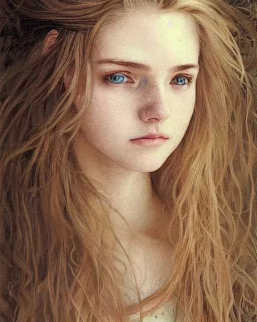 Image similar to portrait of 1 6 - year - old woman with dirty blonde hair down to her waist, pale eyebrows and protuberant silver eyes, wearing white shirt, hyper realistic face, beautiful eyes, fantasy art, in the style of greg rutkowski, intricate, alphonse mucha, hyper detailed, smooth