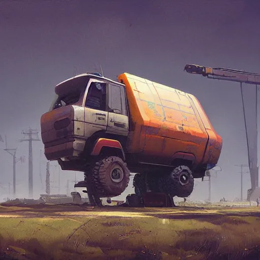 Image similar to concept art of a rusty sci - fi truck, by simon stalenhag