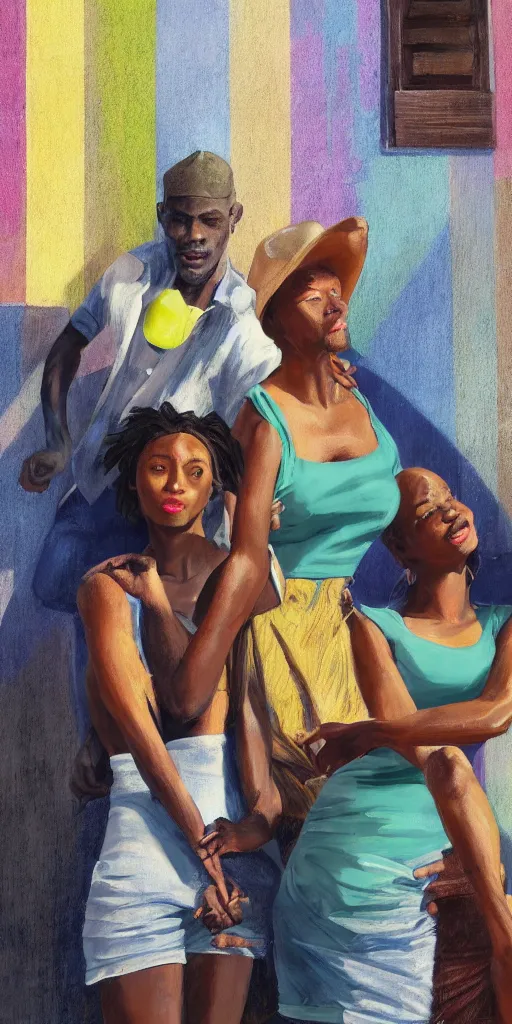 Prompt: local people having fun in the city of salvador, brazil, black people, relaxed poses, pastel colors, artwork by edward hopper, close-up, interiors, leisure activities, close medium shot, strange vegetation, futuristic, people, cinematic lighting, atmospheric, andrei tarkovski, trending on artstation