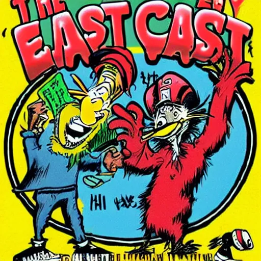 Image similar to The East Coast–West Coast hip hop rivalry, attacks, illustrated by Dr Seuss