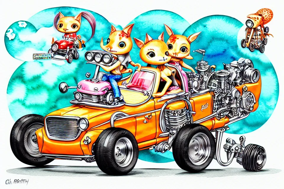 Prompt: cute and funny, margay riding in a tiny street rod with oversized engine, ratfink style by ed roth, centered award winning watercolor pen illustration, isometric illustration by chihiro iwasaki, edited by range murata, tiny details by artgerm and watercolor girl, symmetrically isometrically centered