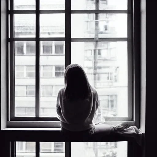 Image similar to a woman sitting on a window sill looking forward out the window, hands on cheeks, grey sweater, a stock photo by chen jiru, tumblr, aestheticism, movie still, pretty, pixiv