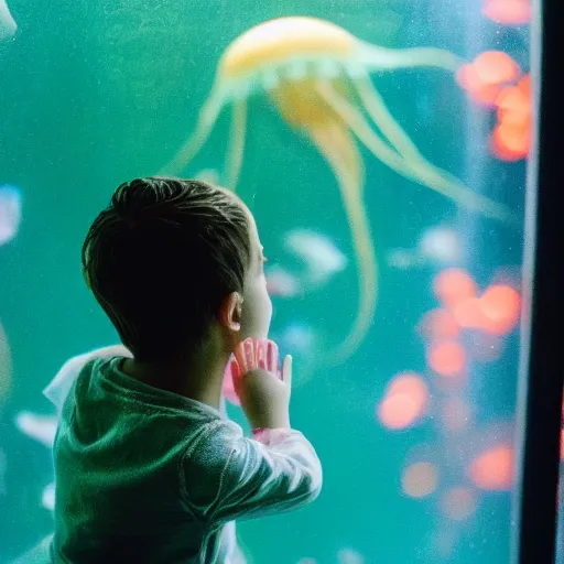 Prompt: closeup head portrait of beautiful kid kissing the glass of a beautiful aquarium at night, glowy jellyfish, excitement, surprise, happiness, professional photoshoot, kodak portra, photographed in film, soft and detailed, realistic, bokeh