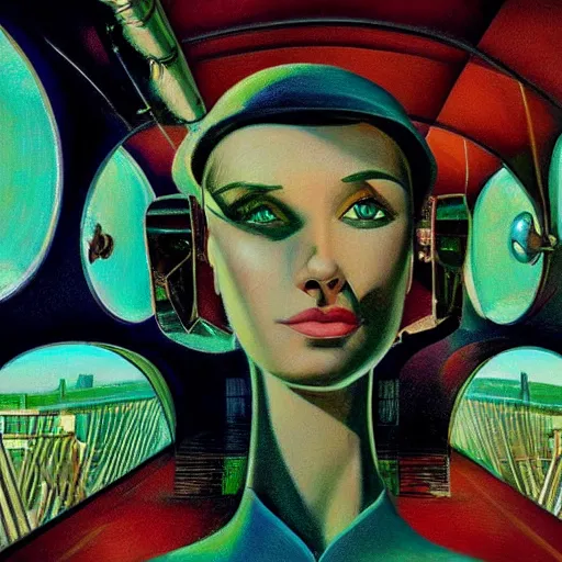 Image similar to detailed face of a woman, clockwork, moment, tectonic sky, skydome, bullet train, turbines, utopian, tech noir, wet reflections, prism, atmospheric, ambient, pj crook, syd mead, livia prima, edward hopper