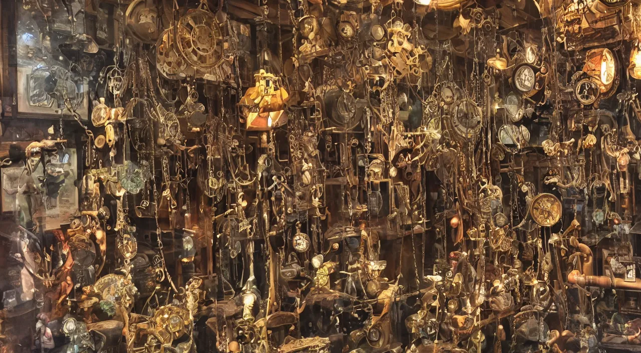 Image similar to closeup of a steampunk shop window by don bluth, photo realistic, completely filled with interesting oddities, things hanging from ceiling, light bulbs, cinematic