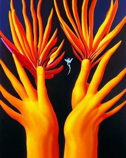 Image similar to neo-surreal painting of hyperrealistic veiny human hands holding Birds of Paradise flowers dali robert steven connett dramatic orange light 8k high angle shallow depth of field
