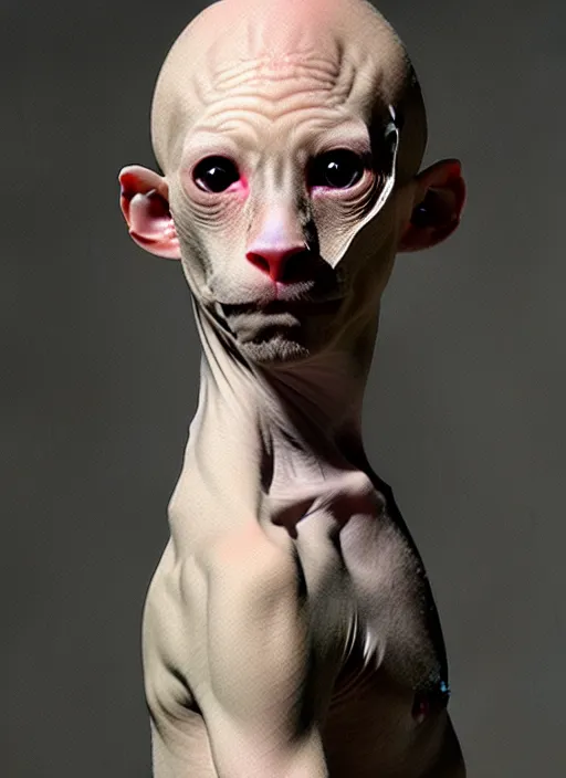 Image similar to bipedal hairless cat, pale man with the head of a cat, bald, smooth, silky, stunning, stealthy, cunning