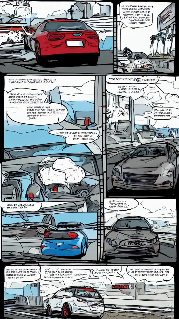 Prompt: comic book style page with three images: one of a car driving at high speed with view from far away on the highway,a second view from behind the wheel of said car, and that last one of the car crashing into a toll station