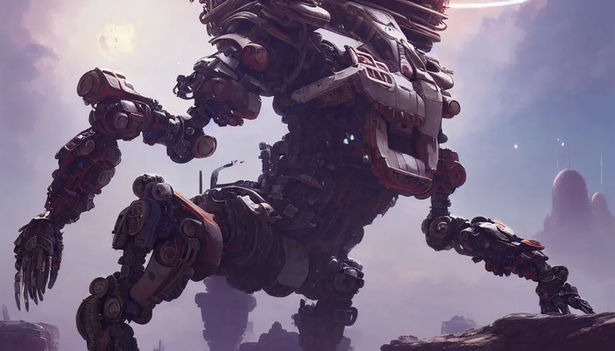 Image similar to a warrior robot astronaut, floral! looks like a machine from horizon zero dawn designed by apple, in socotra island, posing for a fight, intricate, elegant, highly detailed, digital painting, establishing shot, an epic fantasy, artstation, smooth, sharp focus, illustration, art by artgerm and greg rutkowski, 8 k