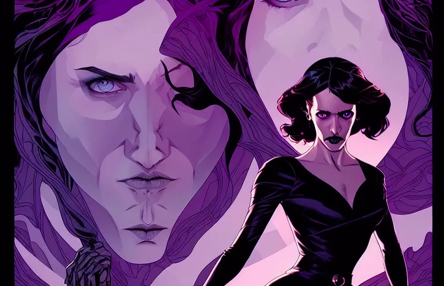 Image similar to rafael albuquerque comic cover art, artgerm, joshua middleton, pretty stella maeve witch doing black magic, serious look, purple dress, symmetrical eyes, symmetrical face, long black hair, full body, werewolf behind eva, twisted evil dark forest in the background, cool colors