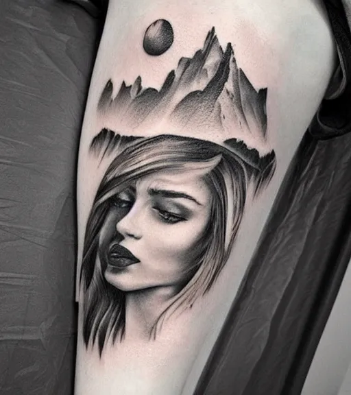 Image similar to tattoo design sketch of a beautiful woman portrait against a background of beautiful mountains and nature, hyper - realistic, in the style of den yakovlev, amazing detail, black and white