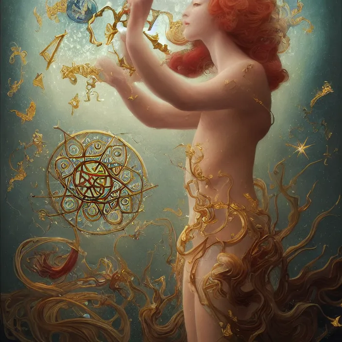 Image similar to a ultra - detailed beautiful painting major arcana the magician, sigils, runes, magical items, by hsiao ron cheng, ngai victo, nivanh chanthara jean delville wlop and dougherty patrick, trending on artstation, orb of agamento, light sparkles,, sky, sharp focus, soft light