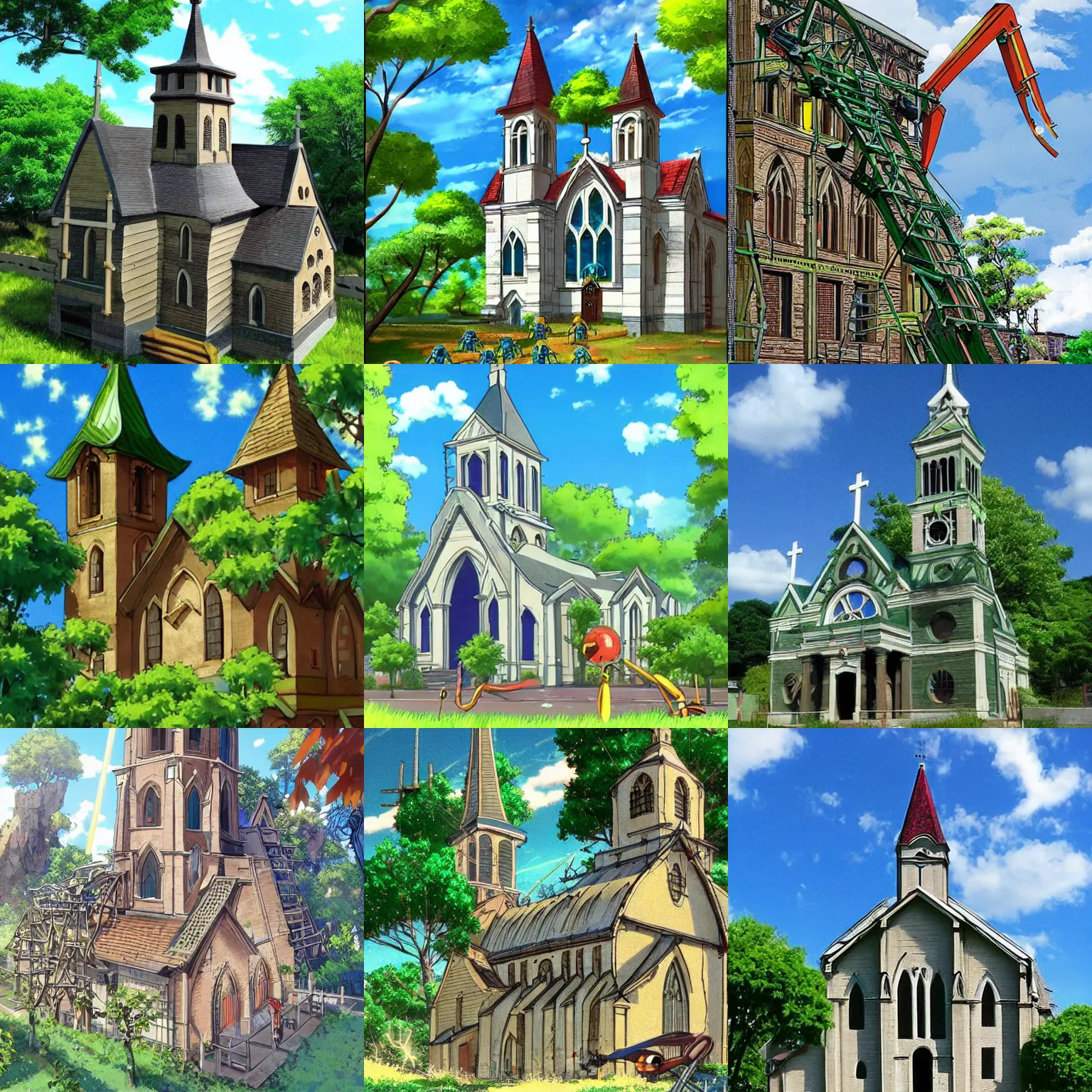 Prompt: anime!!! old church building scaffolding, little ant - robots! as builders, lush green, sun, anime style!!