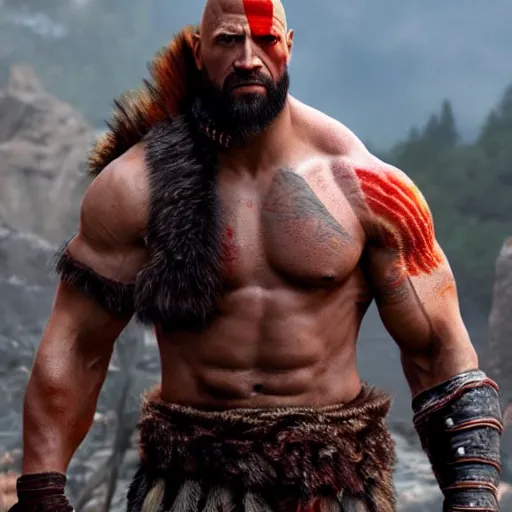 Image similar to dwayne johnson as kratos 4 k detailed