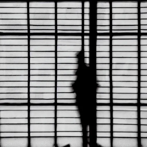 Prompt: black and white security camera image of a black silhouette of a man caught in an abandoned brutalism structure