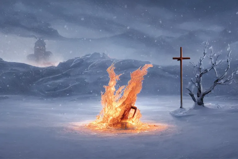 Prompt: a cross set on fire on a snow covered field, landscape inspired by salvador dali, a matte painting by li shida, cgsociety, context art, redshift, matte painting, reimagined by industrial light and magic